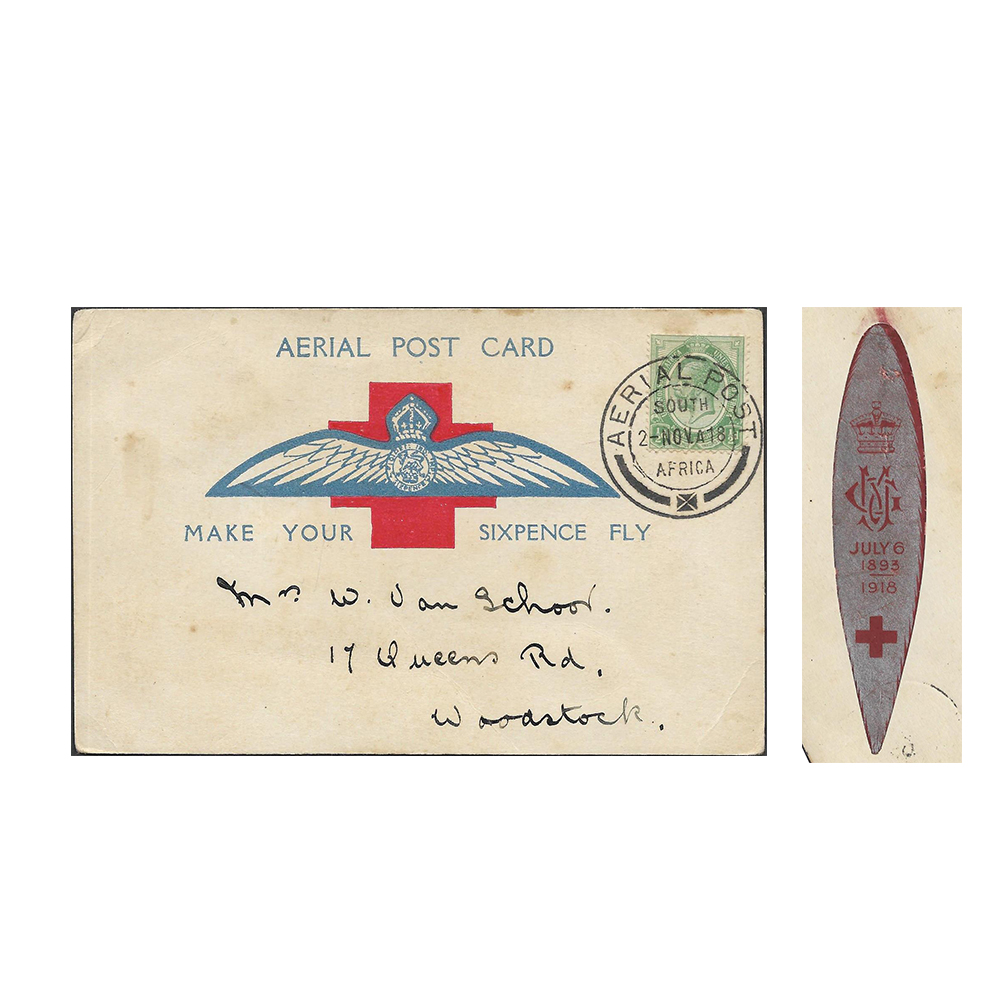 SOUTH AFRICA 2 Nov 1918 first flight card to Woodstock with ½d stamp cancelled by AERIAL POST datestamp.