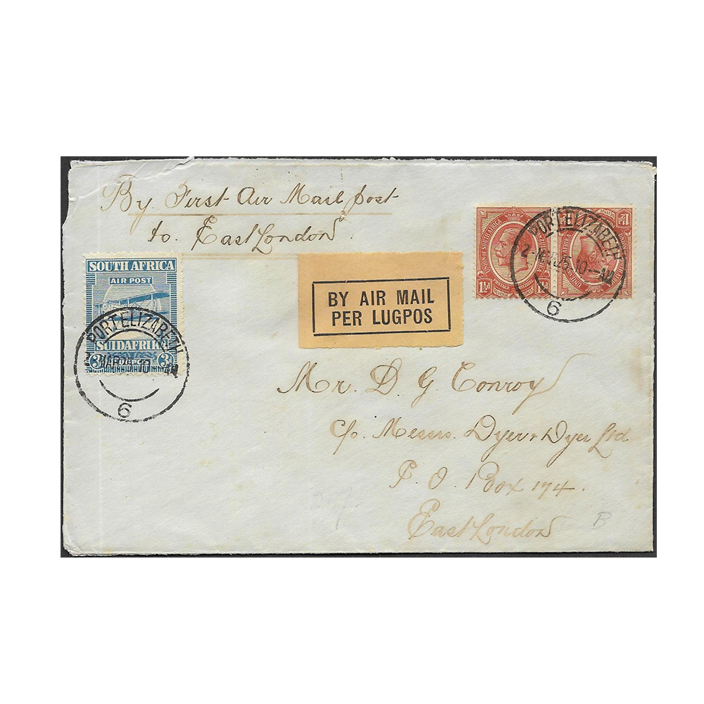SOUTH AFRICA early airmail cover from Port Elizabeth to East London with tete-bêche 1½d pair and 3d airmail stamps