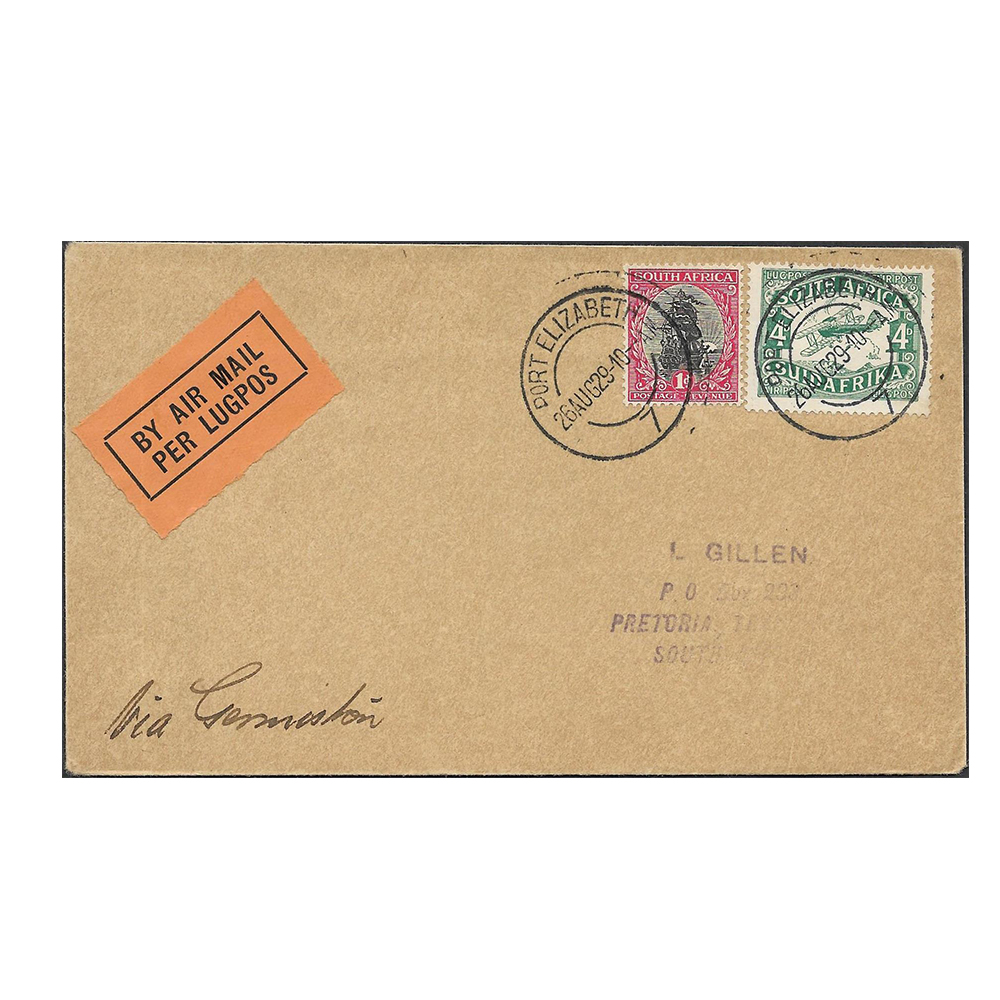 SOUTH AFRICA 26 Aug 1929 first regular Union Airways airmail service in South Africa inauguration flight cover from Port Elizabeth to Germiston