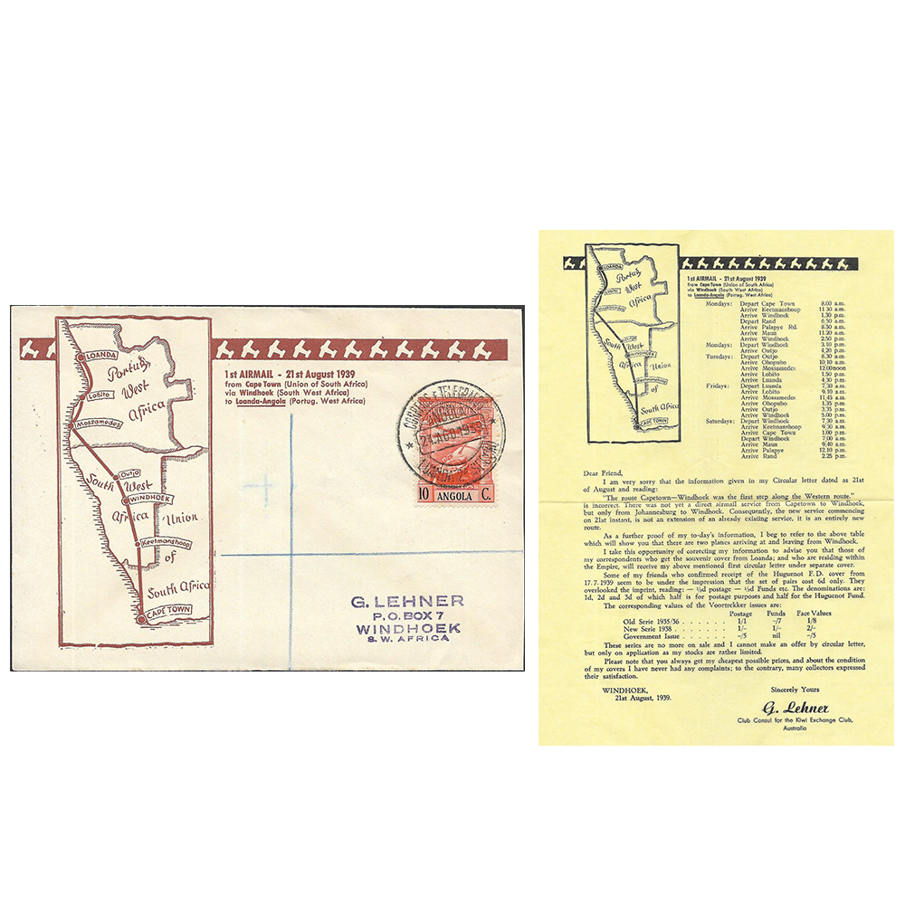 SOUTH AFRICA -> ANGOLA first airmail cover from Cape Town to Luanda (Angola) via Windhoek (Southwest Africa) on 21 Aug 1939