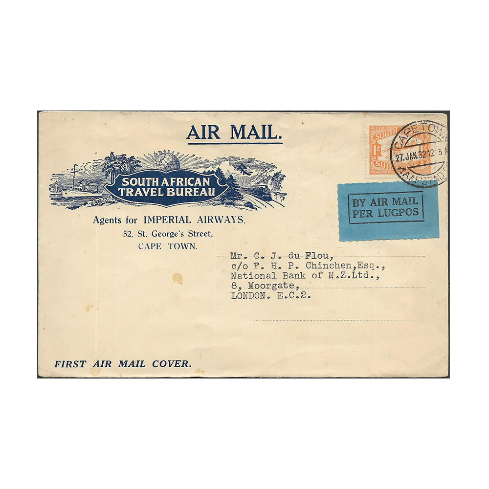 SOUTH AFRICA → GREAT BRITAIN Imperial Airways inaugural flight cover for the regular weekly airmail service from South Africa to England