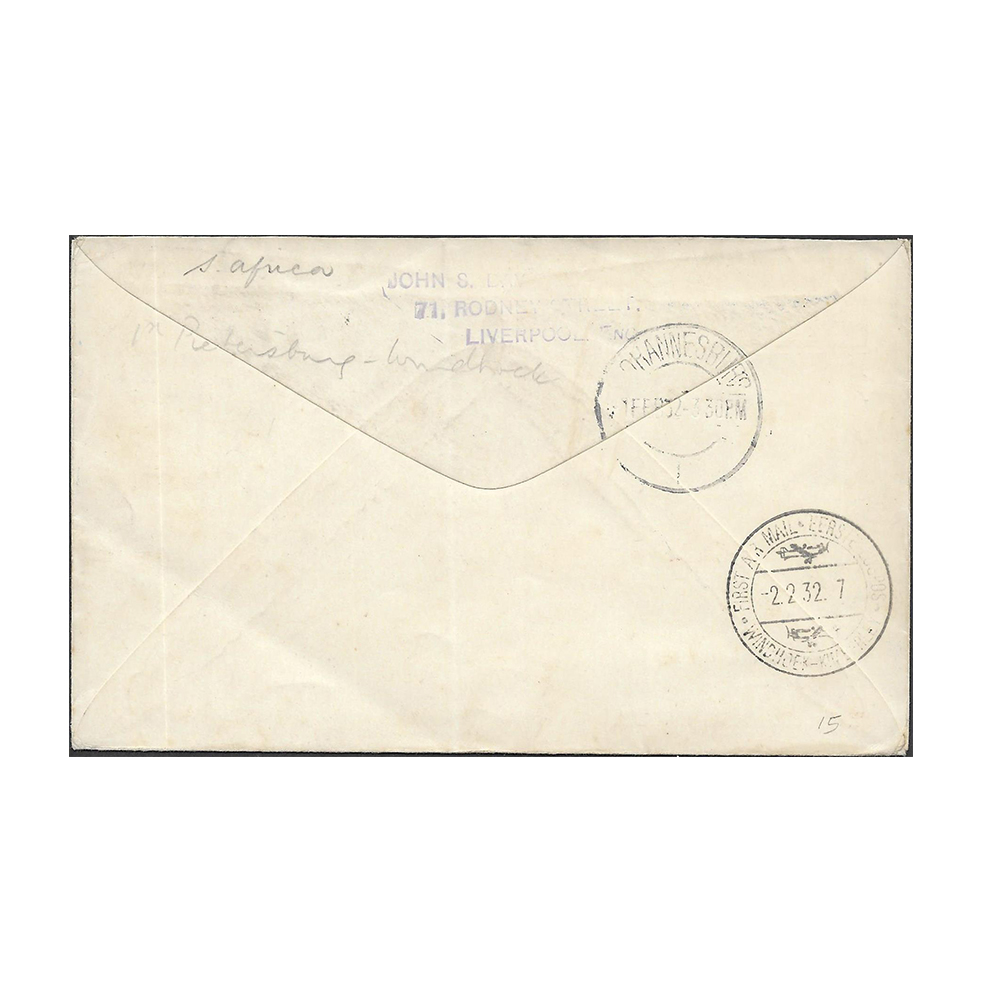 SOUTH AFRICA → SOUTHWEST AFRICA airmail cover from Pietersburg to Windhoek with Pietersburg 30 Jan 1932 datestamp on front - Image 2