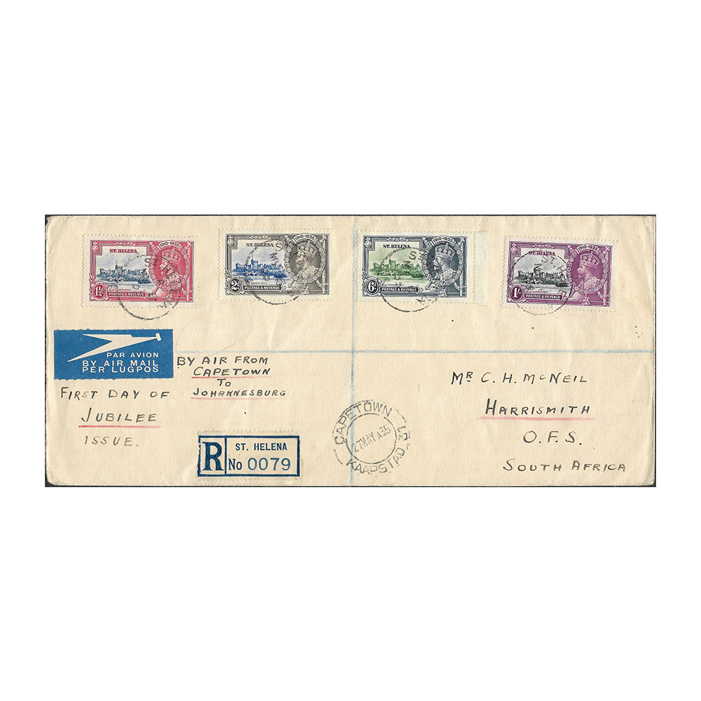 ST HELENA → SOUTH AFRICA registered airmail cover to scarce Harrismith destination with Silver Jubilee set cancelled by 6 May 1935