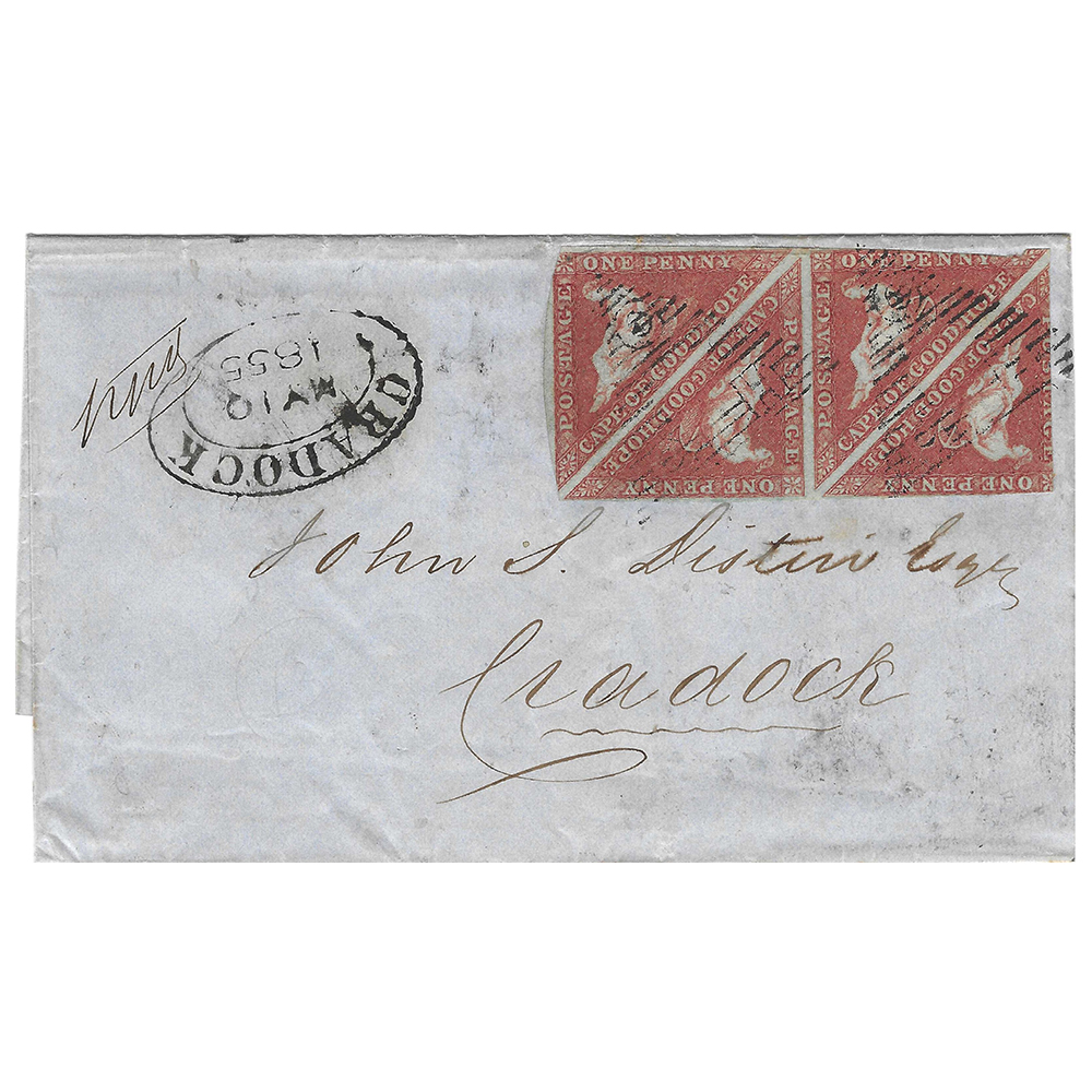 Letter to Cradock with 4d postage paid by a block of four 1d brick-red on deeply blued paper (SG1).