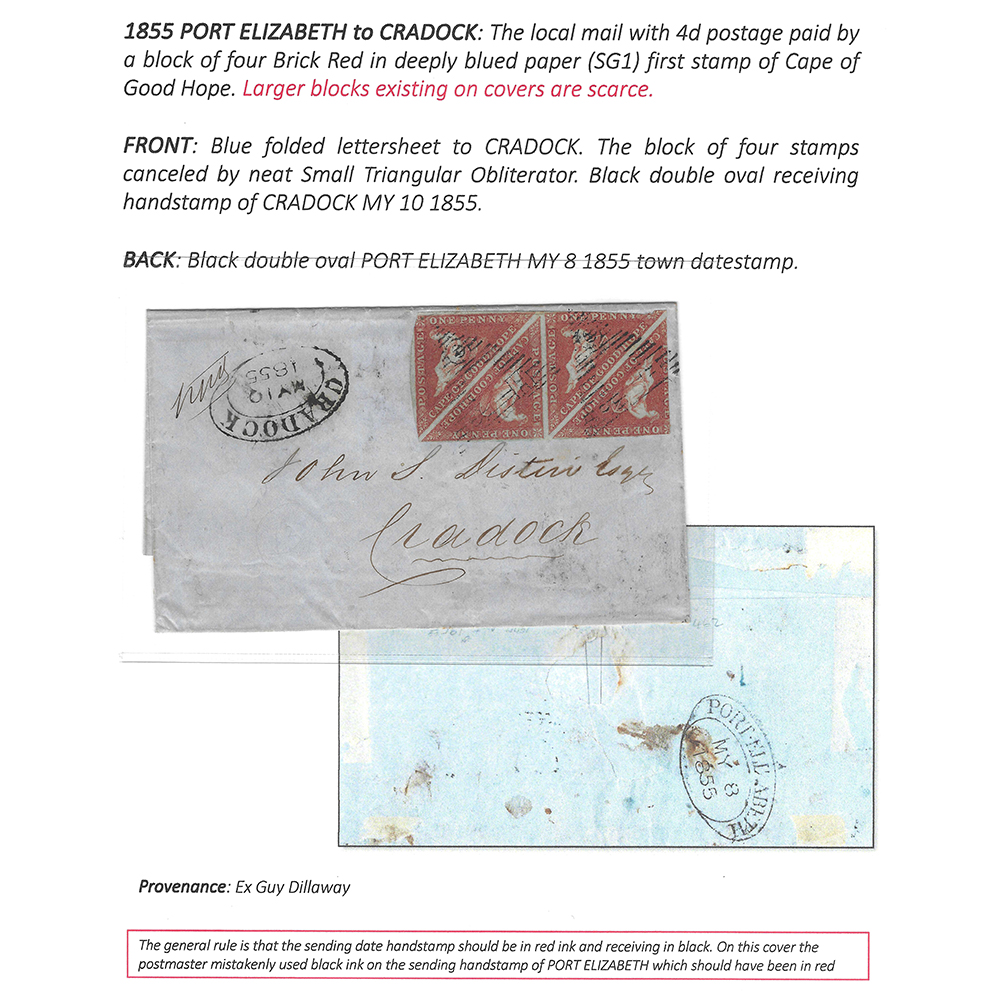 Letter to Cradock with 4d postage paid by a block of four 1d brick-red on deeply blued paper (SG1). - Image 2