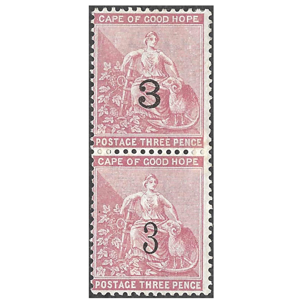 1880 vertical pair showing both types of 3d surcharge on 4d pale dull rose (SG37b)