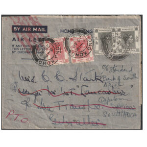 Cover to Gibraltar with two 20c stamps cancelled by Hong Kong datestamp of 14 November 1947