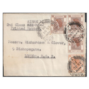 Wrapper for second class airmail printed matter with three 20c and one 5c stamps
