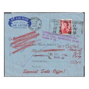 Redirected aerogramme to Minnesota (USA) with 50c stamp (aerogramme rate)