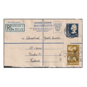 Printed registered cover to Finland with two 65c stamps (cancelled on 4 December 1974)