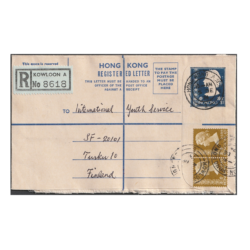 Printed registered cover to Finland with two 65c stamps (cancelled on 4 December 1974)