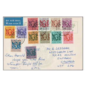 Airmail postcard to Ontario (Canada) with multiple stamps
